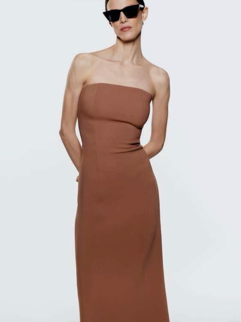 Zara Strapless Midi Tube Dress in Rust Brown